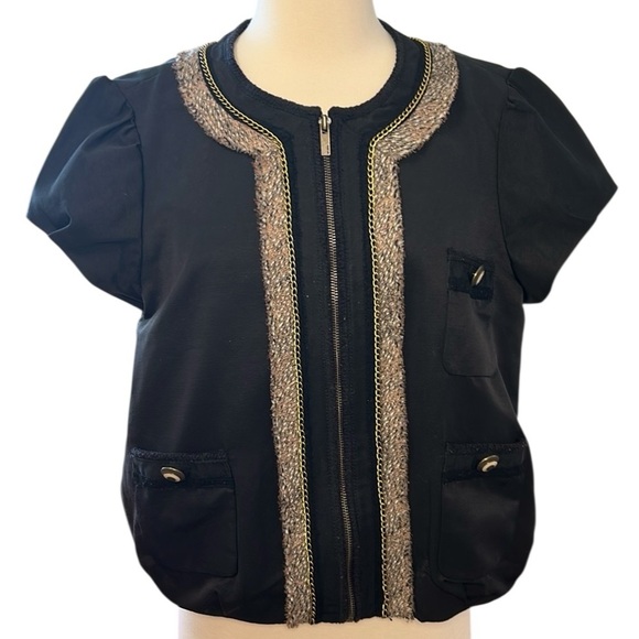 BCBG MaxAzria Jacket Chain Tweed Trim Ballon Hem and Cap Sleeve size Large - Picture 1 of 15
